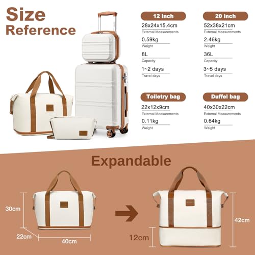 Kono Suitcase Lightweight ABS+PC Hard Shell Carry-Ons Cabin Case 12'' and 20'' Luggage Set with TSA Lock Luggage Sets of 4 Piece Included Duffels Bag & Toiletry Bag for Travel(Cream White) - Image 3