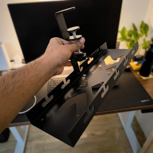 Image of Herrlich Homes Under Desk Cable Management Tray | No Drill Clamp-On Wire Organizer | Height Adjustable Metal Power Strip Holder | Black | 40 cm
