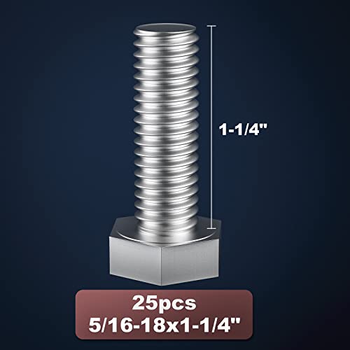 Image of 5 /16-18 x 1-1 /4 inch (1 /2 to 6 inch Optional) Hex Head Screw Bolt, Stainless Steel 18-8(304), Fully Threaded,25pcs