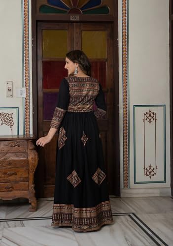 Image of Daevish New Gold Printed 3 /4 Sleeves Flared Maxi Length Dress for Women & Girl's | Maxi Dress for Women | Women Flared Dress