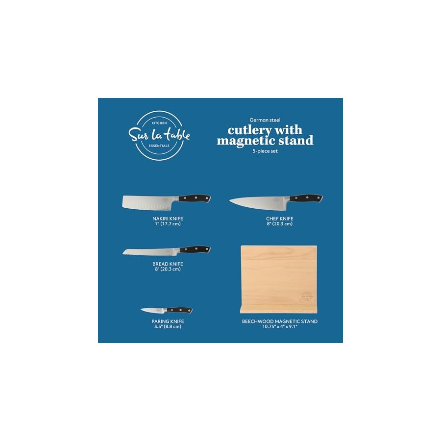 Sur-La-Table-Kitchen-Essentials-5-Piece-German-Steel-Blade-wTriple-Riveted-Handle-Set-on-Beechwood-Magnetic-Block-Black Sur La Table Kitchen Essentials 5 Piece German Steel Blade w/Triple Riveted Handle Set on Beechwood Magnetic Block - Black