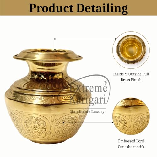 Image of Pure Brass Puja Kalash for Pooja | Traditional Embossed Design | Shiny Brass Inside & Outside | Ideal for Temple, Griha Pravesh & Festivals
