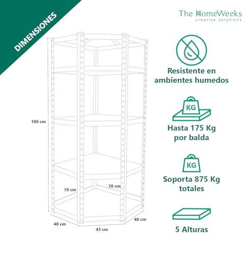 The Homeweeks Estantería Almacenaje Esquinera Angular Metálica 180 * 70 * 40cm | Galvanizada Modular | 5 Baldas MDF | Montaje Suelo | sin Tornillos System Click & Push | Multiposición - imagen 2