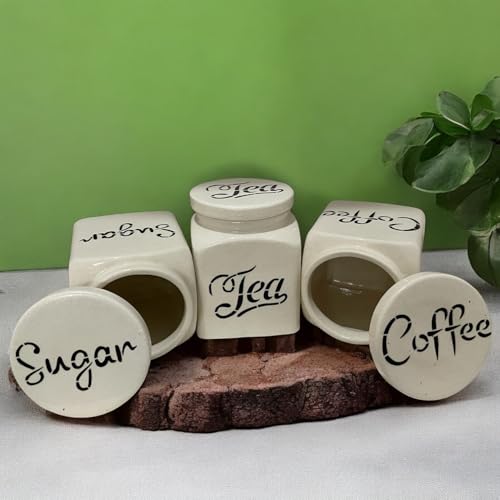 Image of Ceramic Kitchen Storage Jar for Tea, Coffee & Sugar Set of 3 (720 ML)| Airtight Ceramic Canisters with Lids for Tea, Coffee & Sugar| Kitchen Countertop Pantry Containers | Food Storage Jars Set, White