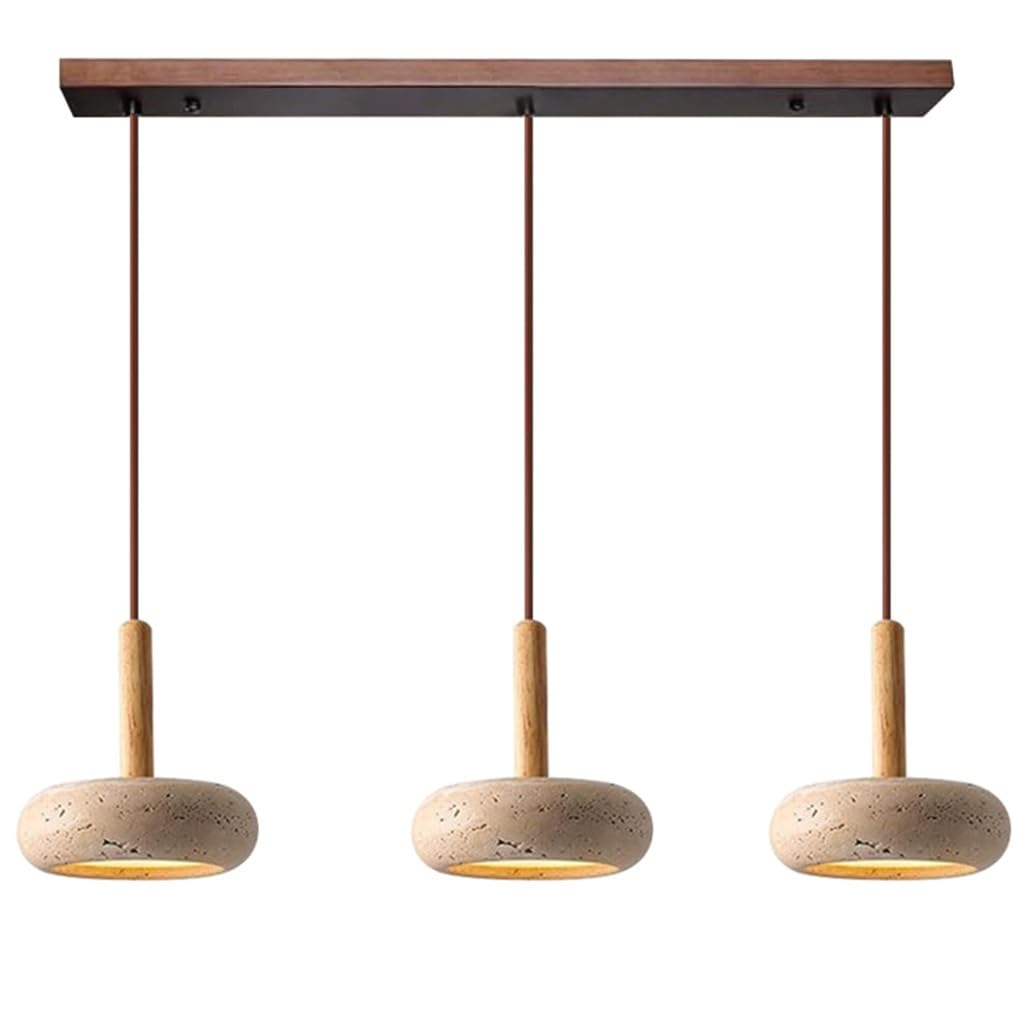 TMKOO Wabi Sabi Pendant Light Yellow Travertine With Round Natural Stone Shade Nordic Wood LED Hanging Adjustable Loop For Bedroom Nightstand Living Room Kitchen Island(Long)