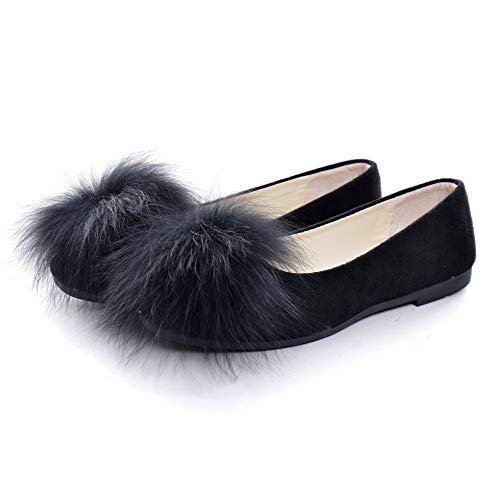 Hee Grand Women Pom Pom Causal Flats -Solid Slip On Shallow Comfortable Ballet Shoes,Black #TOP2