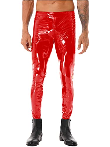 Vxuxlje Men's PVC Leather Skinny Pants Stage Club Solid Zipper Crotch Stretch Tight Leggings