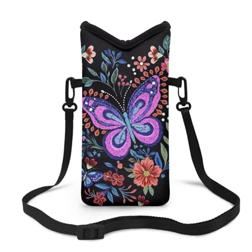 Jeiento Neoprene Cellphone Sleeve Pouch Case Cottagecore Hippie Flowers Butterfly Phone Holder Pouch Lightweight Crossbody Strap Neck Lanyard Cell Phone Bag for Shopping -  WST-YSFA4764CZC2-25-03