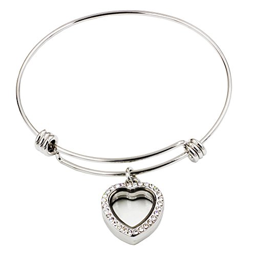 Fashional Crystal Floating Lockets with Expandable Stainless Steel Wire Bangle Fitting with Floating Charms Gifts for Women Girls (Heart Shaped)