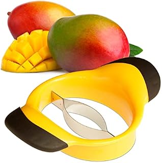 Relaxdays Mango Slicer, Split & Core Mangos, Non-Slip Handles, Stainless Steel Blade, Cutter, Black-Yellow