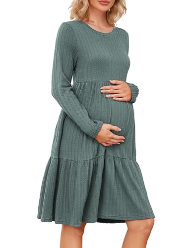MAVIS LAVEN Damen Umstandskleid Rippstrick Rundhalsausschnitt Langarm Lässige Schwangerschaftskleider für Fotoshooting Babyparty, Grün L