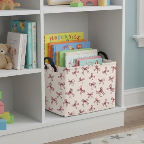 Pink Bow Gift Basket Collapsible Canvas Girl Bownot Storage Bins Girly Nursery Room Decor (Pink) — 사진 4