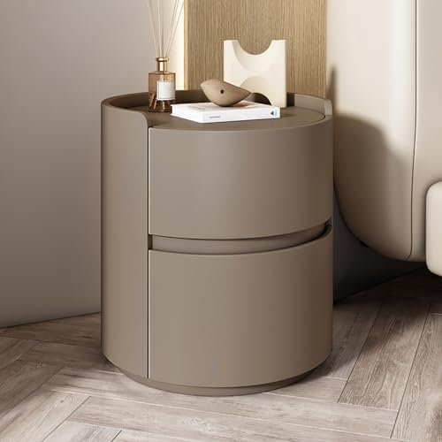 Modern Minimalist Round Nightstand, 2 Solid Wood Drawers, Leather Bedside Table for Bedroom & Living Room, Stylish End Table, Easy No-Installation Design