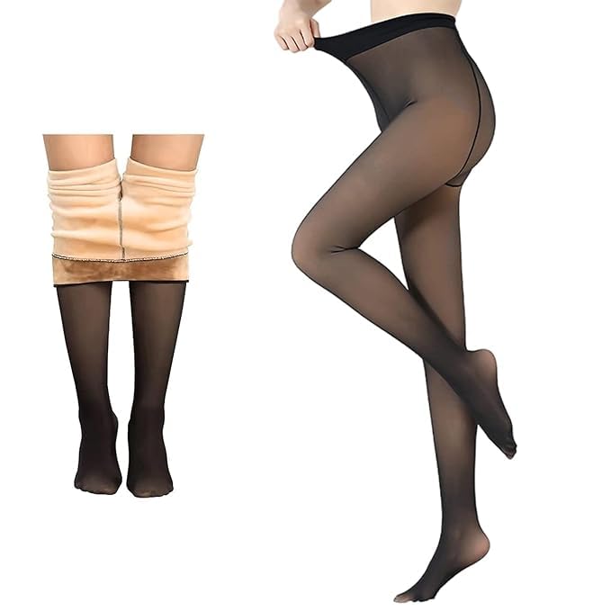 Women's Thermal Fleece Thigh-High Leggings, High Waist Winter Stockings, Sheer-Look Translucent Style (IN, Alpha, S, BLACK)-picture-18