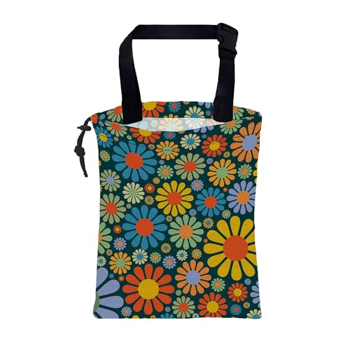 Image of Car Garbage Bag Vintage Groovy 70s Floral Drawstring Car Trash Bag Hanging for Back Seat with Adjustable Buckle Canvas Vehicle Trash Can Easy-to-Install