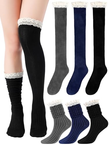 3 Pairs Women Cotton Knit Boot Socks Knee High Stockings with Lace Trim Slouch Stacked Scrunch Socks Free size