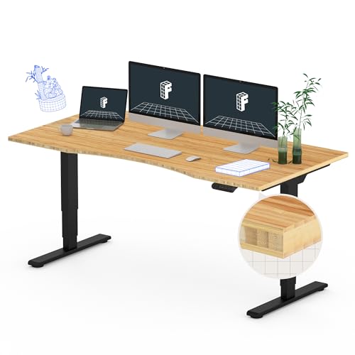 Image of FLEXISPOT E6 Bamboo 3-Stage Dual Motor 60 x 30 Electric Standing Desk Sit Stand Up Desk, Holds 220 lbs, Adjustable Height w /Memory Presets, Solid Bamboo Curved Desktop & Black Frame, Ships in 2 Boxes