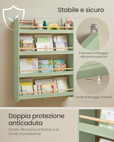 SONGMICS Libreria Montessoriana per Bambini, Scaffale per Giocattoli a 4 Ripiani, Libreria da Parete, Mobile per Cameretta Stanza dei Giochi, Verde Alloro e Naturale GKR014CE02 - Immagine 3