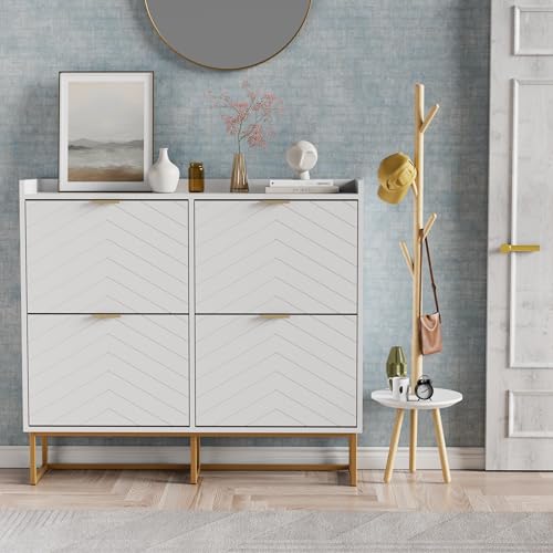 UEV Armoire à Chaussures, Meuble à Chaussures Inclinable, avec 4 Compartiments, Plafond avec Clôture, Étagère Réglable à 2 Positions, Étagères...