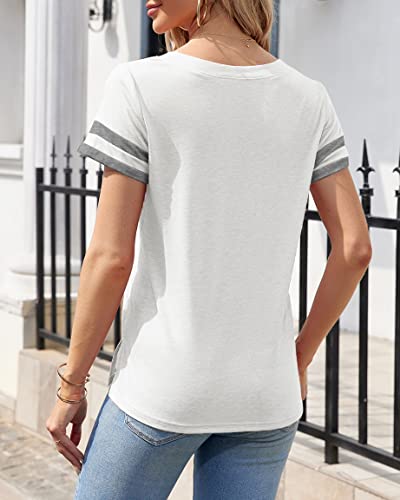 Imily Bela Womens Short Striped Sleeve V Neck Tshirts Casual Loose Fit Summer Tops With Side Slit White #TOP3
