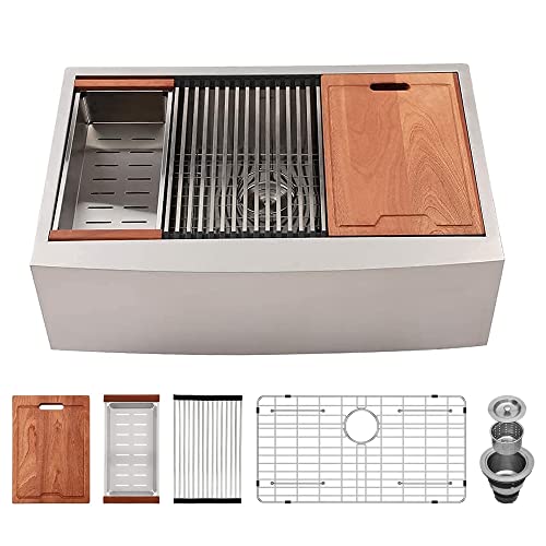 Lordear 30 Kitchen Sink Apron Front 30X22 Inch Farmhouse Sink Workstation 16 Gauge Stainless Steel Single Bowl Handmade Kitchen Farm Sinks Basin, 9' Apron Height