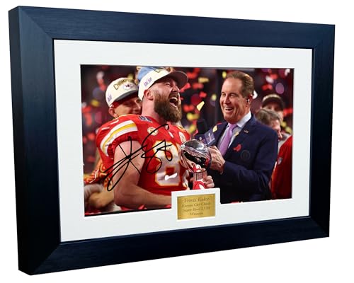 Travis Kelce Celebration Kansas City Super Bowl LVIII 58 Winners Autographed Signed 12x8 A4 Photo Photograph Picture Frame American Football Poster Gift, Black
