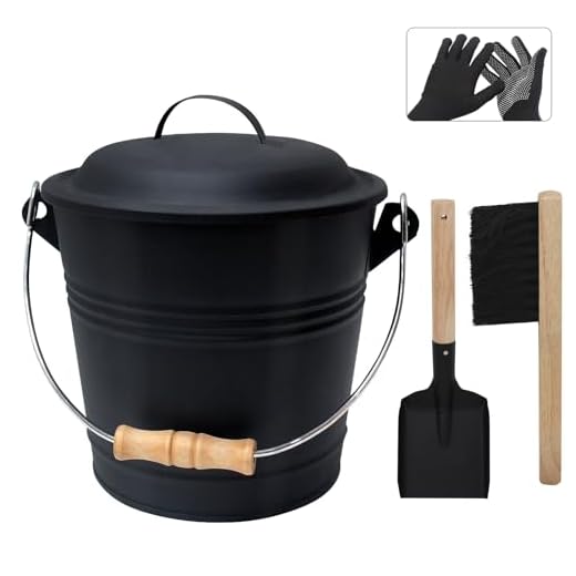 Poofzy Ash Bucket with Lid and Shovel, 1.3 Gallon Fireplace Bucket for Ashes, Includes Hand Broom and Gloves for Fire Pit, Wood Burning Stove and Grill