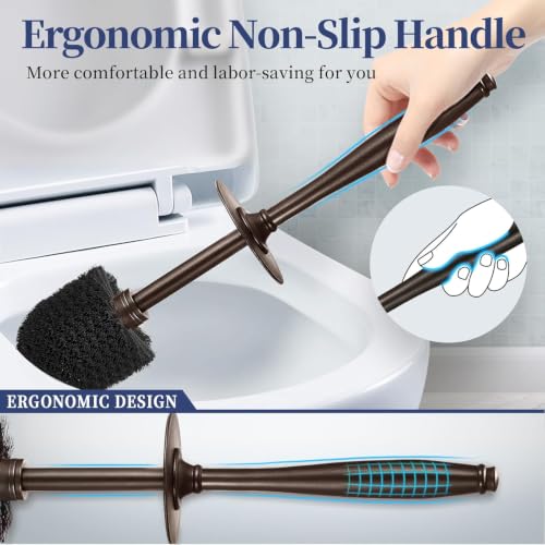 Image of HAMITOR Toilet Bowl Brush Holder Set: Classic Round Bristle Head Deep Cleaning Cleaner Scrubber with Tall Caddy for Restroom - Home Bathroom Decor Accessories - Bronze 3 Pack