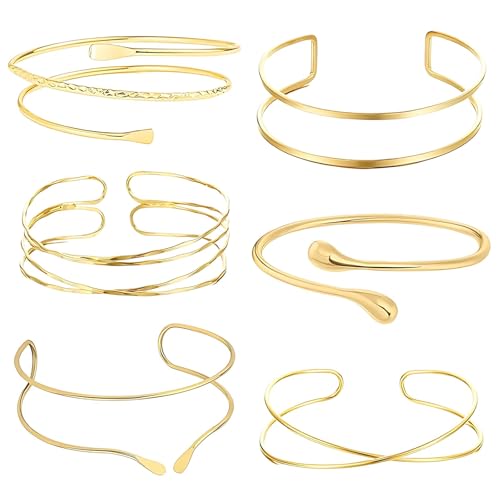 CJAPGJW Armreif Gold 6 Stück Oberarmreif Gold Damen Set Armreif Oberarm Verstellbare Armreifen für Tanz Party Hochzeit und Musikfestivals Elegante Goldene Armreifen für Besondere Anlässe