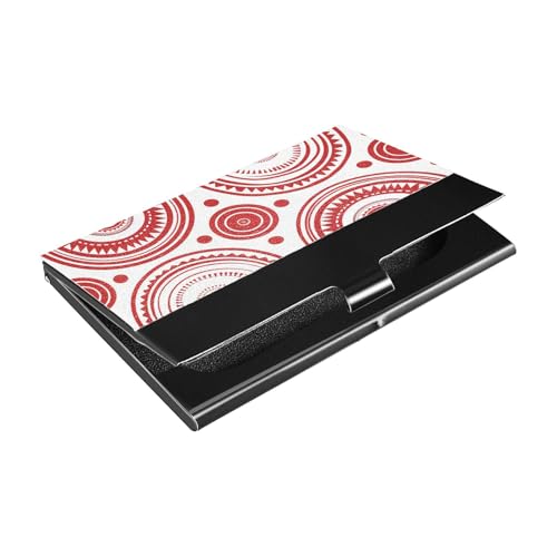 KLL Red and White Geometric Circular Pattern Slim Business Card Holders with Leather & Stainless Steel Card case for Business Meeting Use portatarjetas para Hombre