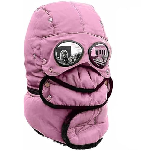 Winter Thermal Hat with Glasses Windproof Ski Mask Cap Fashion Warm Hat with Goggles for Cycling(Pink)