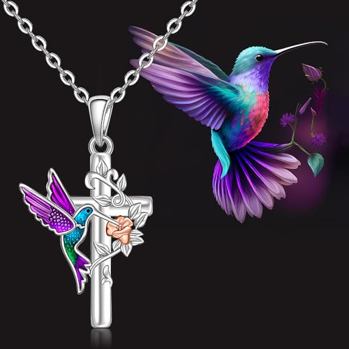 Fenthring Hummingbird Necklace for Women Hummingbird Pendant Necklace Cross Sterling Silver Blue Purple Flower Memorial Jewelry4
