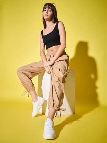 Image of DIMPY GARMENTS Solid Cotton Blend Women's Cargo Pants | Adjustable Tie-Side Cargo Pockets