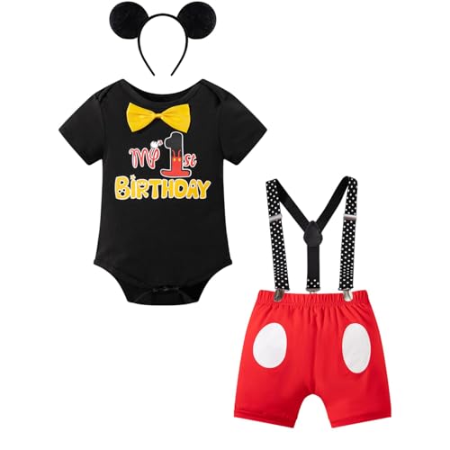Kewlent Baby 1st Birthday Mouse Outfit Boy Cake Smash Bowtie Clothes First Birthday Baby Shorts Set (Red 12-18M)