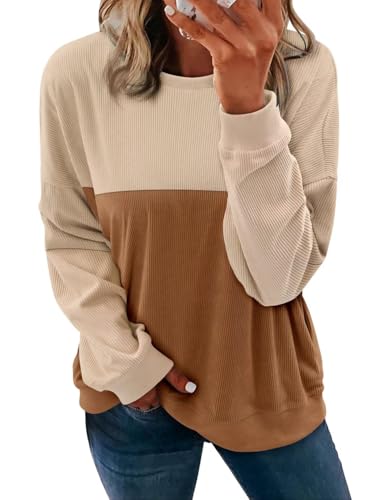 KISSMODA Women's Casual Long Sleeve Sweatshirt Color Block/Solid Crewneck Corduroy Pullover Cute Tops