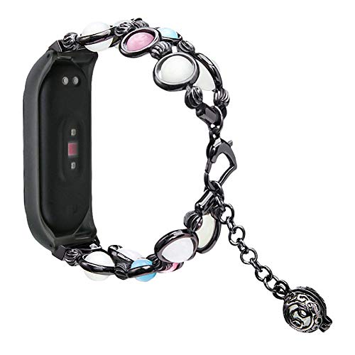 MIMEI for Xiaomi Mi Band 4/3 Bands, Adjustable Wristband Handmade Night Luminous Pearl Bracelet with Essential Oil/Perfume Storage Pendant for Women/Girls (Black, 140mm)