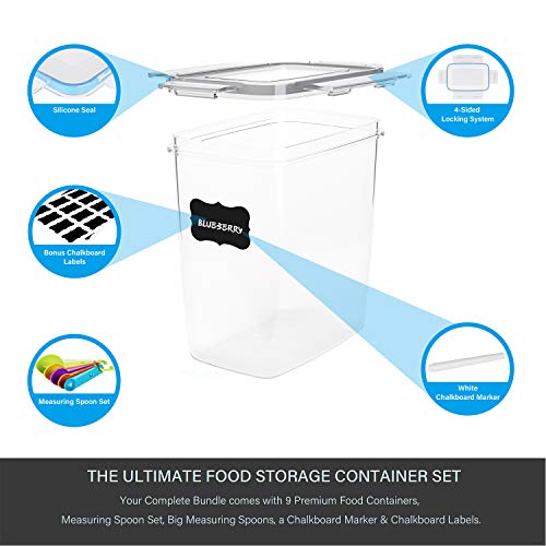 Tiawudi Airtight Food Storage Containers 9 Pieces 1.5qt / 1.6L- Kitchen Pantry Organization Containers, Plastic Canister for Flour, Sugar and Baking Supplies, With Labels and Measuring Spoons