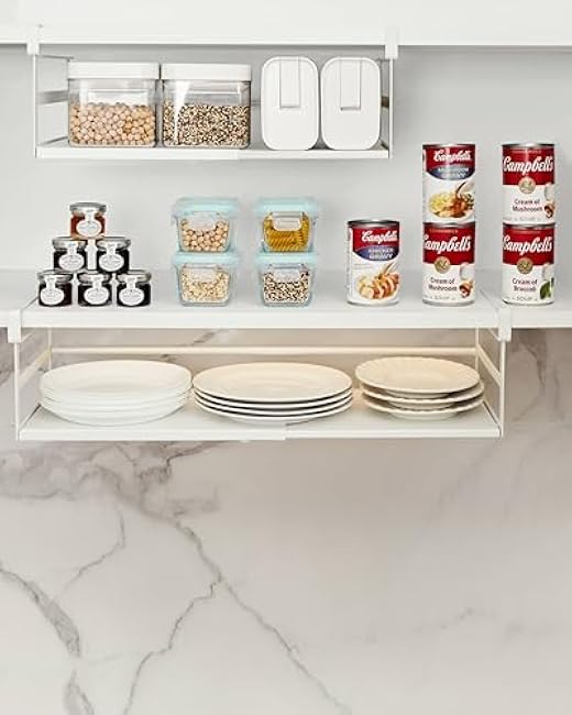 Under Shelf Storage Basket Expandable Organizer, 2 Pack Hanging Baskets Under Cabinet Shelf, Add-on Space Saver Pantry Kitchen Cupboard Desk Counter Bookshelf, Heavy-Duty Slide-in White