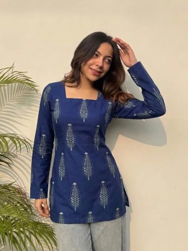Image of ANNI Designer Women's Viscose Blend Printed Short Kurti | Straight Fit Ethnic Top with Square Neck | Bell Sleeve Indian Kurta for Office College, Party