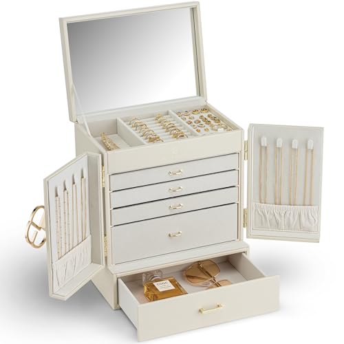 Vlando Schmuckaufbewahrung Groß, Schmuckschatulle Schmuck Organizers Groß XXL, Schmuckkästchen mit Spiegel für Ohrring, Ketten, Uhren