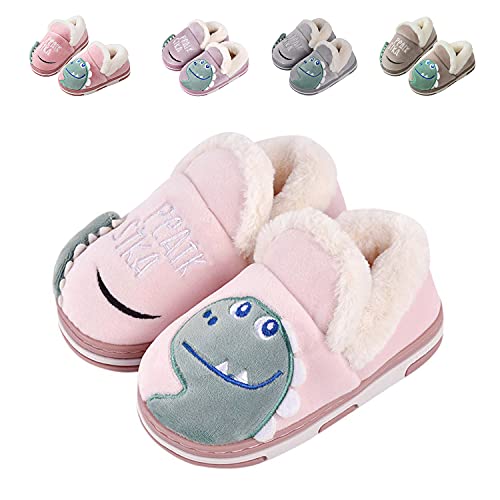 DRECAGE Zapatillas De Estar por para Niñas Niños Invierno Peluche Pantuflas de Dinosaurio,Antideslizantes Zapatillas Casa Niños 20-31EU Rosa 28/29 EU(Tamaño de la Etiqueta 210) Cover
