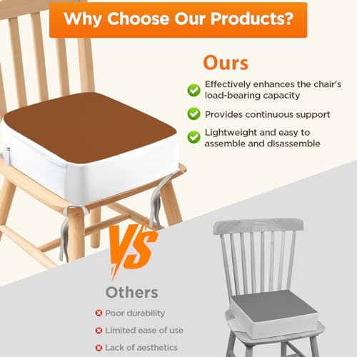 Image of Booster Seat for Kitchen Chair, 3.8 inch Toddler Booster Seats for Dining Table with Ties, PU Dining Booster Seat with Side Pockets, Non-Slip & Removable Table Booster Seat Increasing Cushion (Brown)
