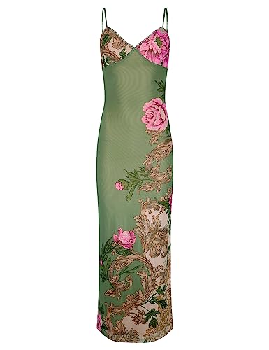 Image of Womens Sexy V Neck Satin Maxi Dresses Spaghetti Strap Floral Print Dresses Slim Fit Elegant Long Dresses Night Party Outfits
