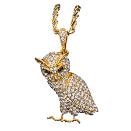 Collar de hip hop con búho 3D y circonitas pavé sobre cadena de cuerda ajustable