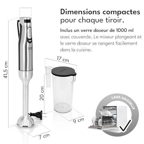 Premium 1200W Mixeur plongeant acier inoxydable - Avec gobelet gradué 1000ml & protection anti-éclaboussures I Réglable en continu & Turbo I Mixer plongeur blender Mixeurs soupe Hand blender – Image 3