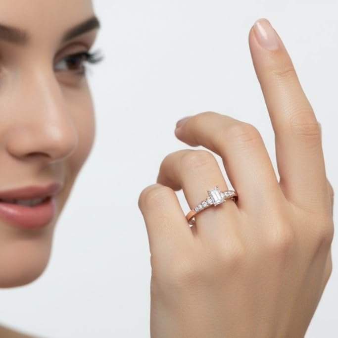 Image of 55Carat Choose Your Gemstone Diamond CZ Graduated Accent Ring Rose Gold Plated Emerald Shape Petite Engagement Rings Everyday Jewelry Wedding Jewelry Handmade Gifts for Wife US Size 4 to 12