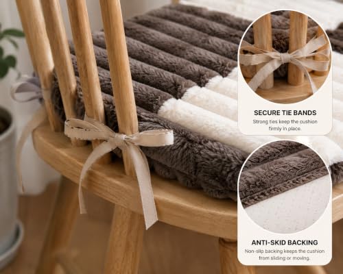 Image of Amazon Brand - Umi Brown & White Checkerboard Faux Fur Chair Seat Cushions, 16x16 Inch Fluffy Dining Chair Pads with Ties, Foam-Filled Rustic Farmhouse Chair Pads, Set of 2