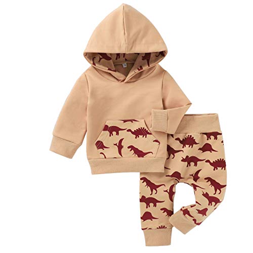 BemeyourBBs Tenue à capuche pour bébé garçon de 0 à 24 mois avec haut à manches longues et pantalon taille élastique, kaki, 0-6 mois Cover