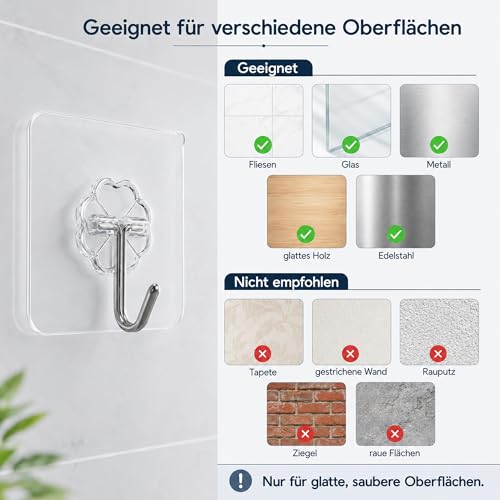 EOSWRU Klebehaken Transparent, 30 Stück Klebehaken Extra Stark, Selbstklebend Haken ohne Bohren, bis zu 10 kg, wasserdicht & ölfest… – Ansicht 6