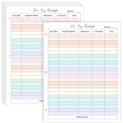 gisgfim 100 Sheets A4 Bill Pay Checklist Filler Paper 8.5×11 Inch 3-Hole Punched Loose Leaf Expense Tracker Binder Paper Colorful Monthly Budget Forms Payment Checklist Inserts for Office Home, 80gsm